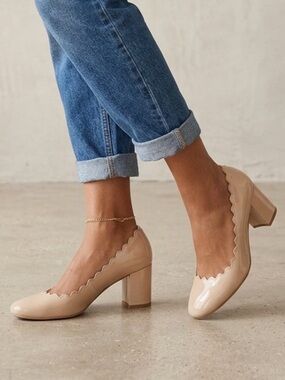Nude Block Heel Scalloped Edge Heels